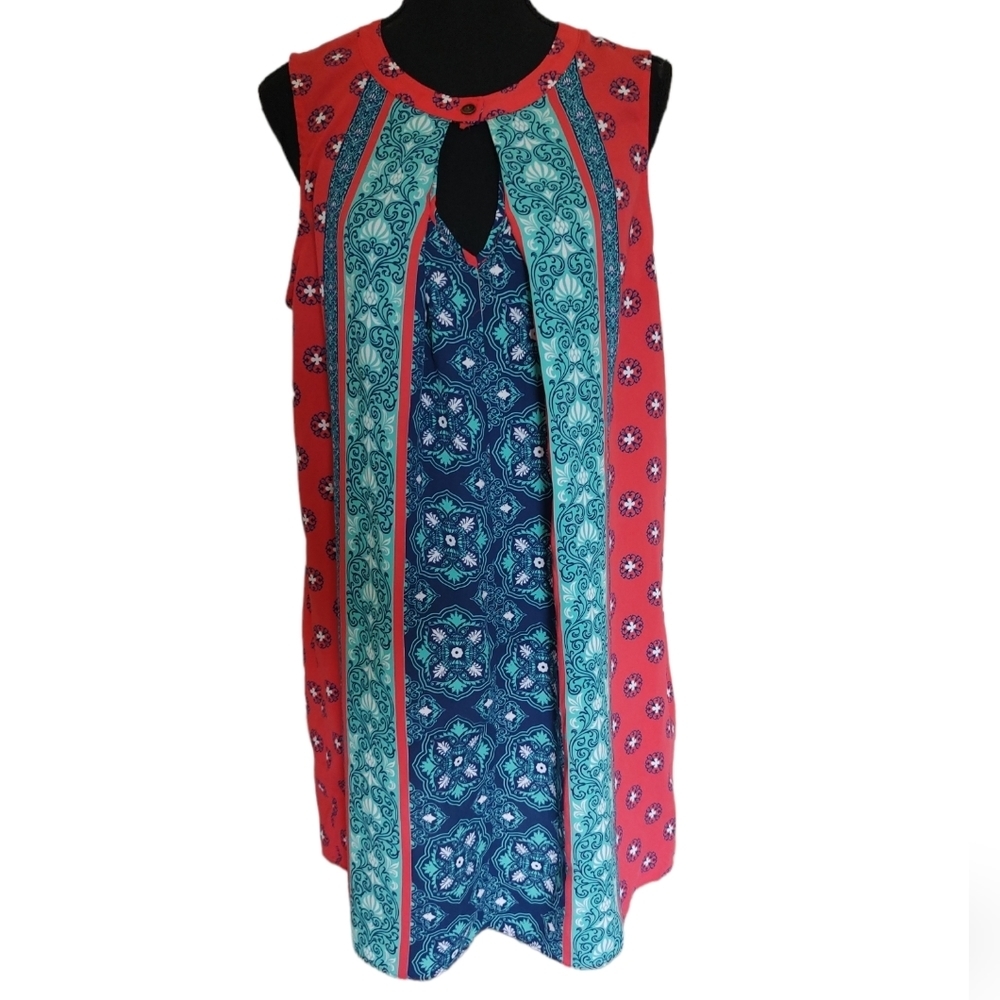Moa Moa Sleeveless A-Line Midi Dress in Bold Colorful Design Sz.L